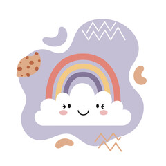 Poster - Cute smiling rainbow with clouds and pastel abstract shapes vector illustration for children and design projects 