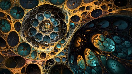 Poster - Intricate, swirling patterns of golden and teal abstract forms.