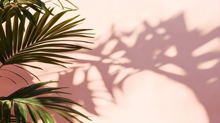 Poster - Tropical foliage casting shadows on a soft pink surface.