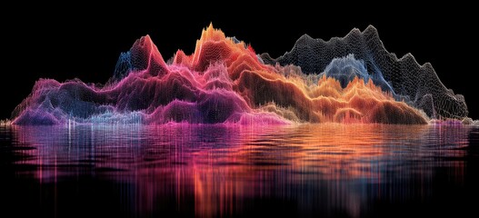Poster - A vibrant. abstract 3D visualization of colorful mountains illuminated by neon lights. set against a black background. showcasing a futuristic landscape ideal for digital art and technology themes