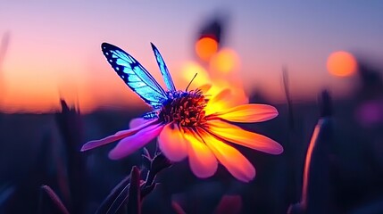 Wall Mural - A butterfly rests on a glowing flower at sunset. Beautifully rendered!