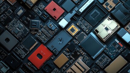 Poster - A vibrant collection of electronic components arranged artistically on a dark surface. showcasing intricate circuit boards. chips. and devices. ideal for technology-themed projects