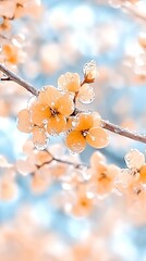 Wall Mural - Yellow flowers bloom on a branch, glazed with a coating of ice, against a blurred blue sky