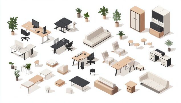 Isometric office furniture collection.  Various desks, chairs, sofas, tables, and storage displayed