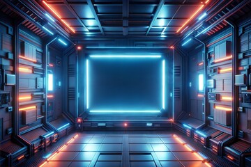 Canvas Print - futuristic sci-fi spacecraft interior with glowing blue and orange neon lights