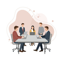 Poster - Business meeting team working together around table with laptops in office setting vector illustration 