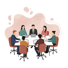 Poster - Business team meeting around table with laptops and tablets in modern office setting collaborative work environment 