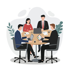 Poster - Business Meeting Collaboration Around Round Table with Laptop and Tablet Devices in Office Environment 