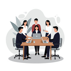 Poster - Businesspeople collaborating in modern office teamwork meeting with laptops and documents vector illustration 