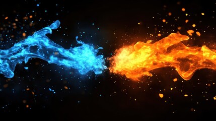 Poster - Abstract clash of blue and orange flames on black background. Possible use for a design element