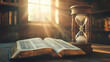 © Thiago - Vintage hourglass on open bible with sunlight streaming through window, symbolizing the passage of time and timeless wisdom of scripture. [Fractal Myths] | Chrono Spiral | time god. Illustration