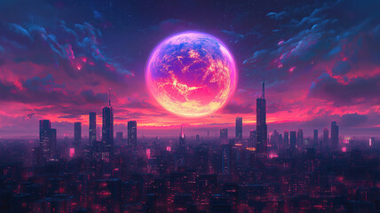 Wall Mural - vibrant night city skyline under the glowing earth, showcasing a global network for a website banner