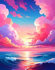 Wall Mural - Colorful Sunset Over Ocean Waves with Fluffy Clouds and Sky