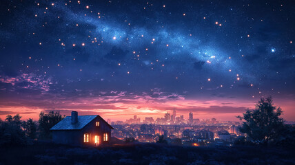 Wall Mural - twinkling stars above a cityscape, with a glowing house in the foreground under the night sky