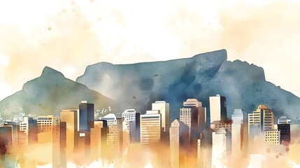 Poster - Watercolor cityscape illustration of a city and mountain.