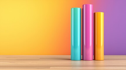 Poster - Colorful Cylindrical Objects on Wooden Surface Against Vibrant Background
