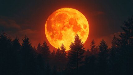 Wall Mural - a vibrant orange full moon ascends above a dark forest in the calm of a quiet night