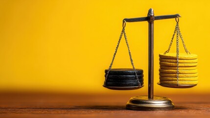Poster - Balanced scale with a stack of coins on one side representing value and financial assessment in a business context