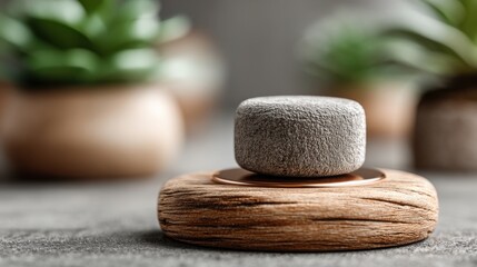 Poster - Simple stone resting on a wooden block signifying hidden performance potential and natural beauty within minimalism