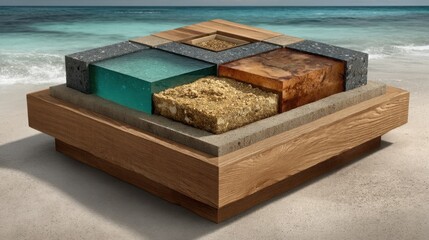 Poster - A wooden box containing a variety of blocks symbolizing layered quietness and calmness through thoughtful design elements