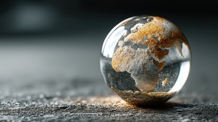 Poster - Transparent glass globe placed on a table reflecting stability and global perspectives in a modern indoor setting