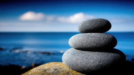 Poster - Natural stack of rocks balanced on a larger rock reflecting stability and harmony in an outdoor scenic environment