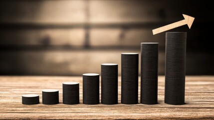 Poster - Minimalist growth pulse icon featuring a stack of coins with an arrow pointing upward for rhythmic capital rise