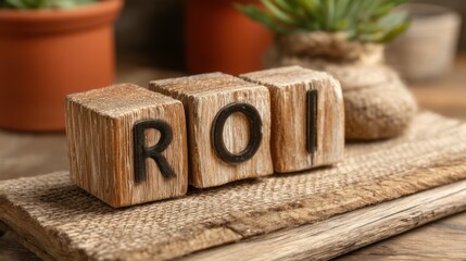 Poster - Wooden block with the word roi representing minimalist roi icon concept for lean investment result in financial analysis