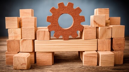 Poster - Wooden block with gear wheel illustrating modular wealth engine concepts for adjustable capital building in finance