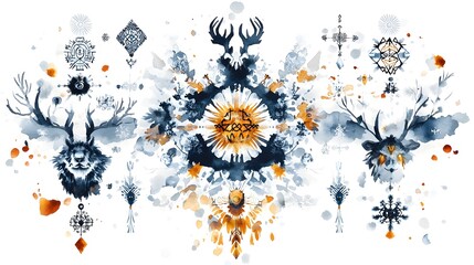 Poster - Symmetrical design featuring abstract shapes and animal motifs.