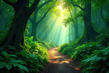 Sticker - Mysterious rainforest path winding through lush foliage, dappled sunlight filtering through canopy , undergrowth, fauna, nature