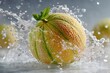 © Anca - Splash of Freshness: A close-up of a vibrant cantaloupe melon fruit, perfectly positioned amidst an explosive water splash, with droplets glistening around the fruit.