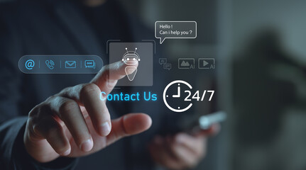 Poster - AI chatbot support and 24/7 virtual assistant concept with futuristic contact icons, representing customer service automation, online helpdesk, live chat support, and digital communication tools.