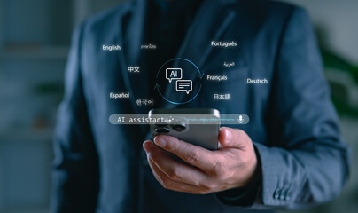 Aufkleber - AI voice assistant with multilingual translation feature on smartphone, symbolizing smart technology, language learning, global communication, and artificial intelligence innovation.