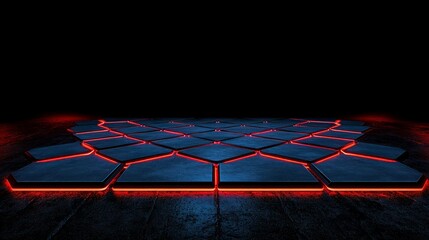 Poster - Red Neon Hexagon Grid  Abstract Dark Background  Futuristic Technology