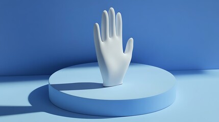 Poster - Monochromatic Blue Still Life with Hand Sculpture on a Round Podium