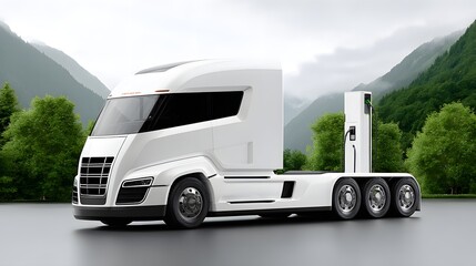 Poster - A fleet of company electric cars charging at fast charger station located at a logistics center, cargo transport and delivery, semi-trucks and vans powered by renewable solar, wind electricity energy