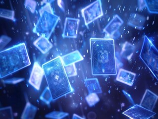 Poster - Mystical ambiance with floating digital cards against a dark blue background