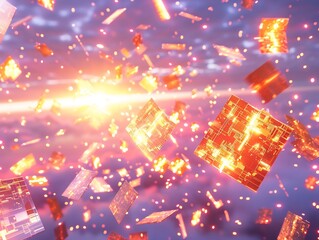Poster - Abstract digital cubes in a vibrant cosmic backdrop symbolizing technological explosion