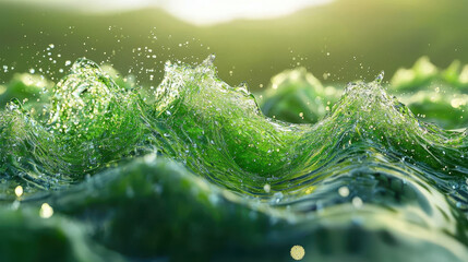 Poster - An abstract 3D eco background features realistic water splash over flowing bright green organic shapes in a crisp 4K resolution from a low side angle view.