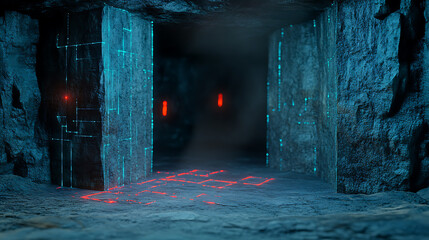 Poster - Exploration of high-tech underground cavern futuristic setting digital art mysterious atmosphere dark environment