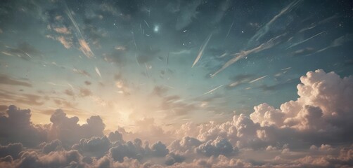 Wall Mural - distressed geometric paper, retro sky, clouds, stars , galaxy, crumpled
