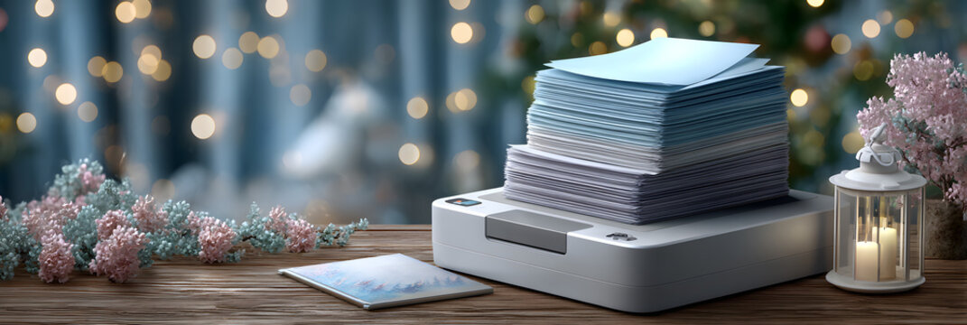 Stack of paper reams beside paper shredder, office background with soft light bokeh
