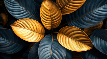 Poster - abstract 3d background with realistically rendered golden and blue leaves creating an elegant natura