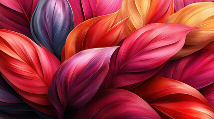 Poster - Abstract background showing realistic leaf motifs in vibrant colors creating a stunning 3D effect, perfect for a modern 4K display, side angle view shown.