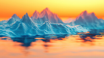 Wall Mural - an abstract 3d landscape of blue mountains rises from the water under a warm orange sunset, creating