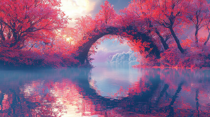 Wall Mural - ethereal 4k landscape featu a stone bridge draped with vivid pink foliage reflecting in tranquil wat
