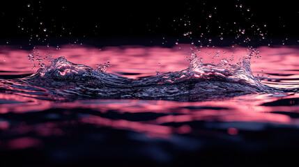 Poster - A stunning 4K abstract image features 3D water reflections on a dark background, with realistic side lighting highlighting the dynamic splashing of liquid.