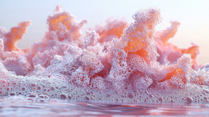 Poster - Artistic 4K rende presents a realistic 3D side view of coral-like foam structures against a soft background in a detailed and visually engaging exploration.