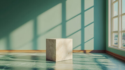 Poster - a realistic 4k rende showcases a 3d artistic cube bathed in sunlight against a green wall in a minim